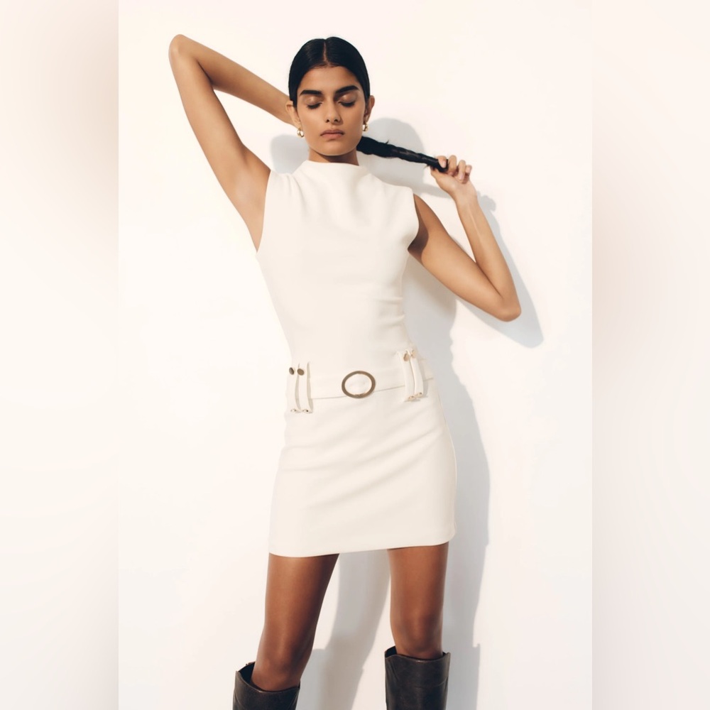 Meshki Ivory Belted Mini Dress